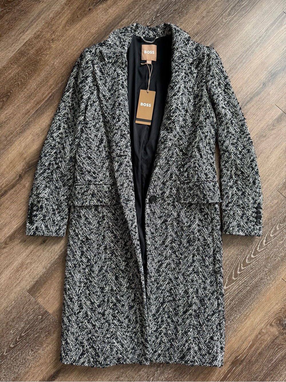 BOSS Black and White Herringbone Tweed Coat Wool blend Size 2